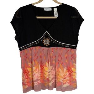 Women’s Vintage Y2K Orange Pink Black Blouse with Shell Accents Women’s XL